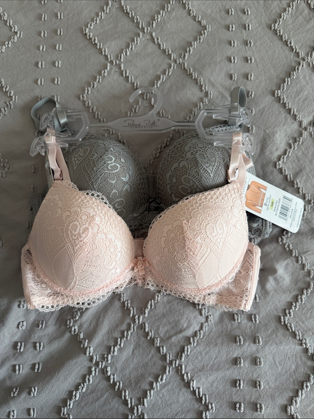 Rene Rofe Lace Bra Set in Blush Pink and Gray